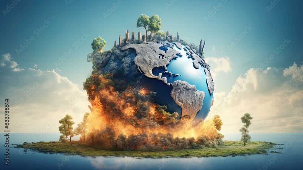 abstract illustration of earth globe burning after falling into the ground.Global warming concept - obrazy, fototapety, plakaty 