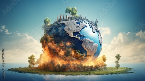Fototapeta Naklejka Na Ścianę i Meble -  abstract illustration of earth globe burning after falling into the ground.Global warming concept