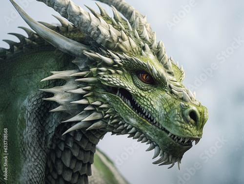 Scary oriental green dragon on a light background  portrait
