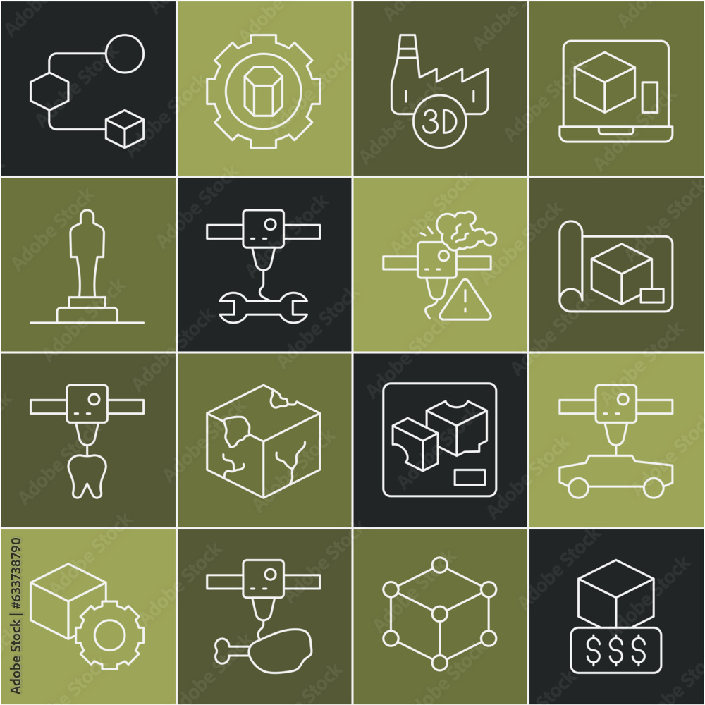 Set line 3D printer services, car, Graphing paper for engineering, Printing house industry, wrench spanner, model, Isometric cube and warning icon. Vector