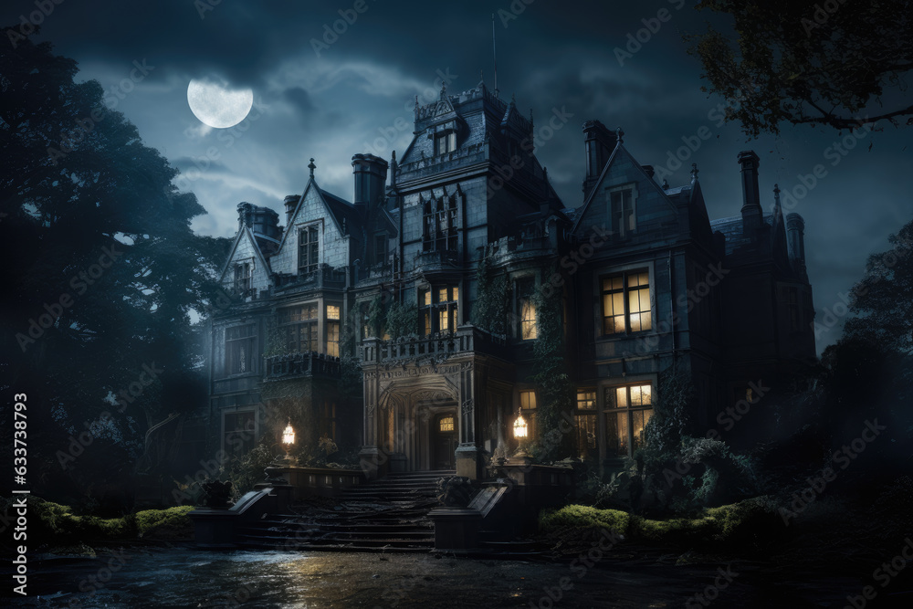 Scary haunted house at night with full moon. Halloween concept.