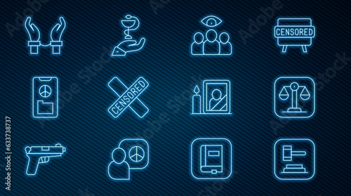 Set line Judge gavel, Scales of justice, Spy, agent, Censored stamp, Peace, Handcuffs on hands criminal, Mourning photo frame and Caduceus snake medical icon. Vector