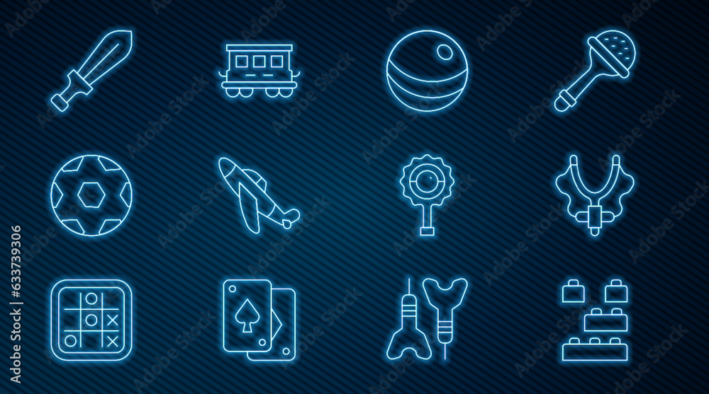 Set line Toy building block bricks, Slingshot, Beach ball, plane, Soccer football, Sword toy, Rattle baby and Passenger train cars icon. Vector Set line Toy building block bricks, Slingshot, Beach ball, plane, Soccer football, Sword toy, Rattle baby and Passenger train cars icon. Vector