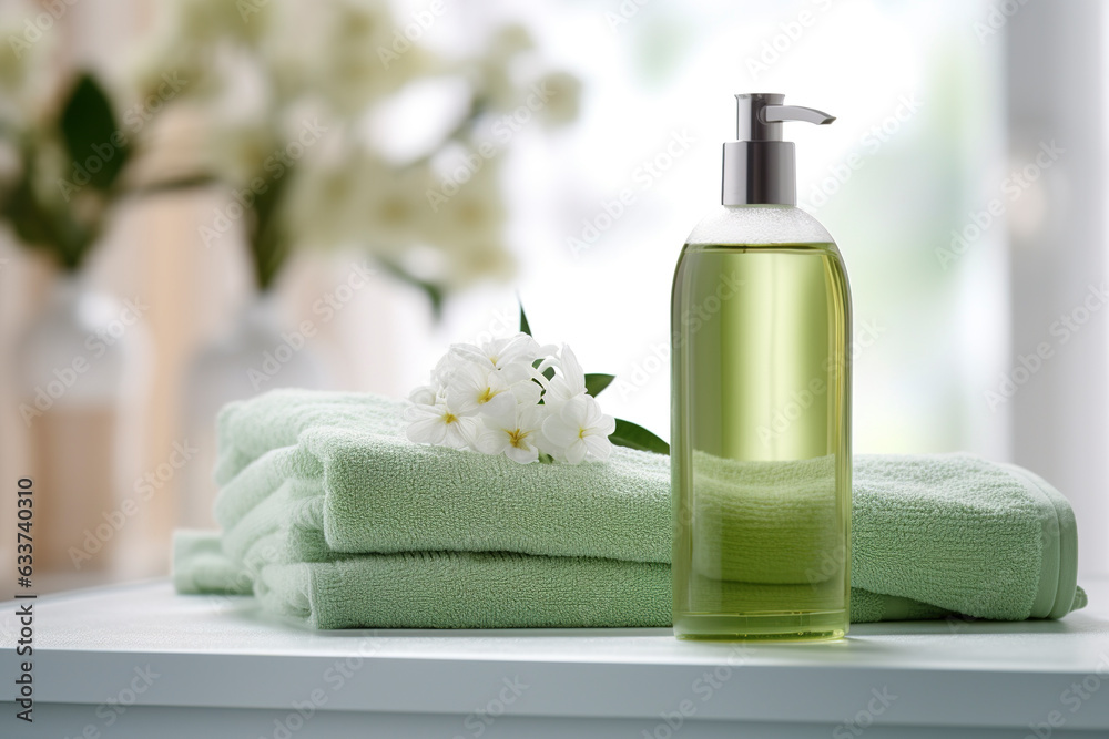 Photo of liquid soap bottle with towels mockup Photo of liquid soap bottle with towels mockup