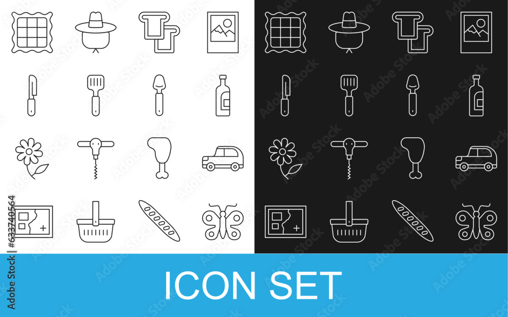 Set line Butterfly, Car, Bottle of wine, Bread toast, Spatula, Knife, Checkered napkin and Spoon icon. Vector Set line Butterfly, Car, Bottle of wine, Bread toast, Spatula, Knife, Checkered napkin and Spoon icon. Vector