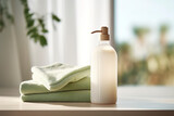 Photo of liquid soap bottle with towels mockup