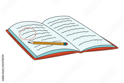 open book with highlighted text and pencil