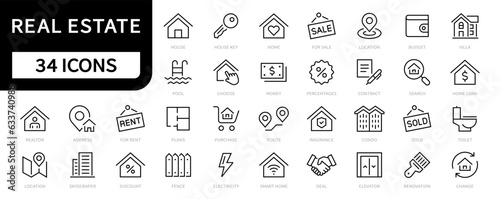 Real Estate line icons set. Real estate, House, Home, Realtor, Plan, Agent icon. Real estate symbols collection. Vector