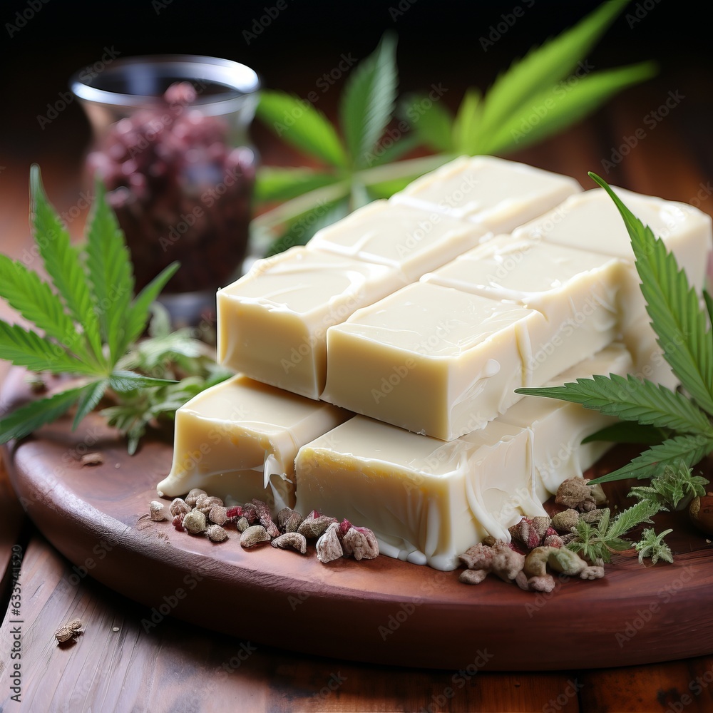 
white chocolate with hemp. Fun sweets, coffeeshop menus, chocolate bars with a vegetable marijuana light drug. Concept: Legalization of cannabis