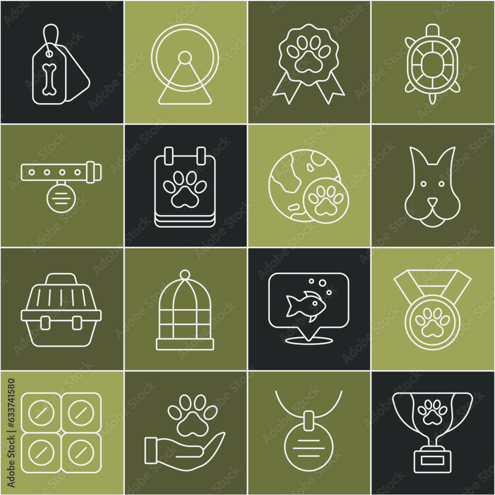 Set line Pet award symbol, Dog, Calendar grooming, Collar with name tag, collar bone and World pet icon. Vector Set line Pet award symbol, Dog, Calendar grooming, Collar with name tag, collar bone and World pet icon. Vector