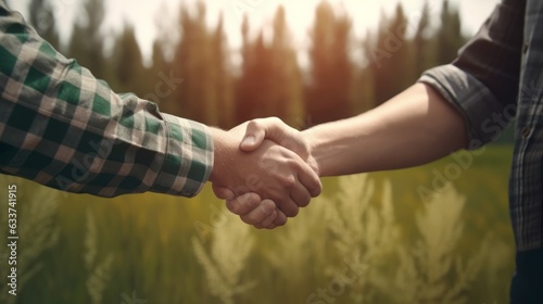 close up of handshake of two men in shirt on the background of a field with tall green grass