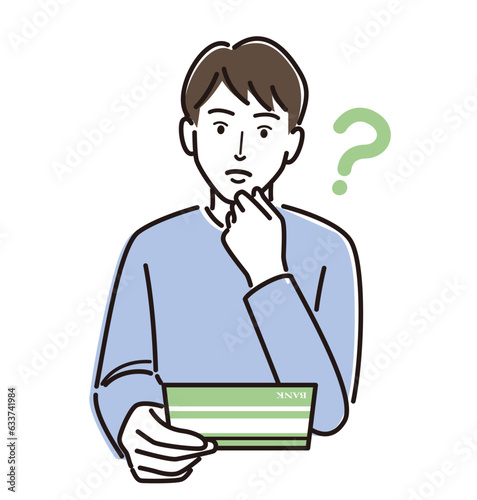 通帳を見て悩む男性のイラスト