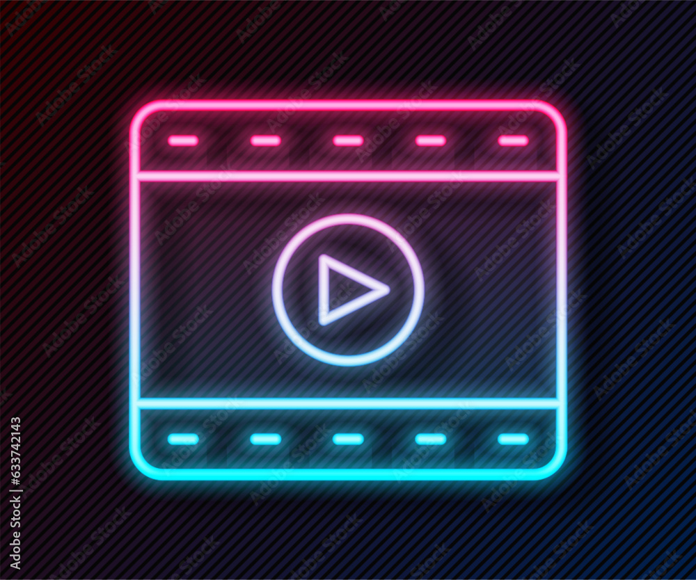 Glowing neon line Play Video icon isolated on black background. Film strip sign. Vector Glowing neon line Play Video icon isolated on black background. Film strip sign. Vector