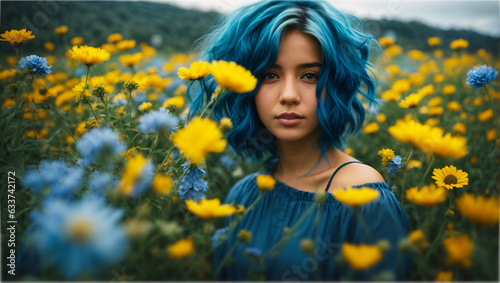 Young woman with blue hair in the field of flowers