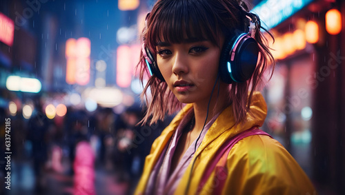 Young Asian girl in the streets, wearing headphones and listening to music. Dressed in Kimono. Cyberpunk style. AI-generated image