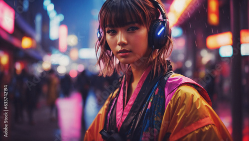 Young Asian girl in the streets, wearing headphones and listening to music. Dressed in Kimono. Cyberpunk style. AI-generated image