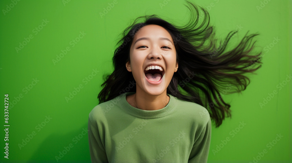 Girl's Joyful Scream Amidst Vibrant Green Background Girl's Joyful Scream Amidst Vibrant Green Background