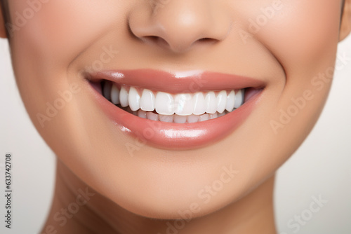 Close-up photo of beautiful wide smile of young fresh woman with healthy white teeth