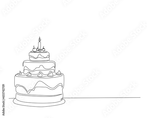 Continuous one line drawing of birthday cake. Sweat cake with candles outine vector illustration. Celebration, party, happy, celebrate, anniversary concept. © madebyDSN