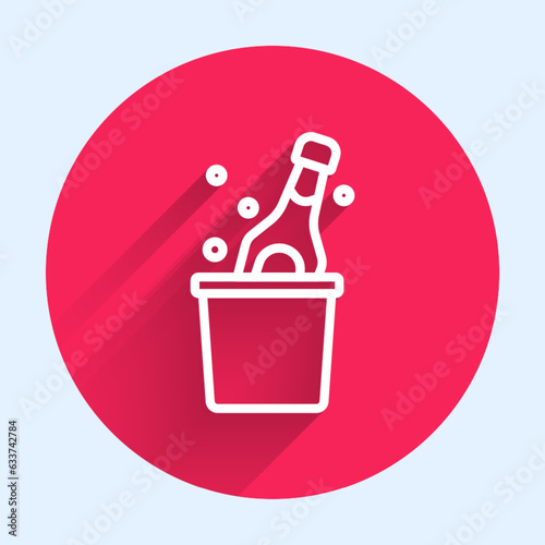 White line Bottle of champagne in an ice bucket icon isolated with long shadow background. Red circle button. Vector