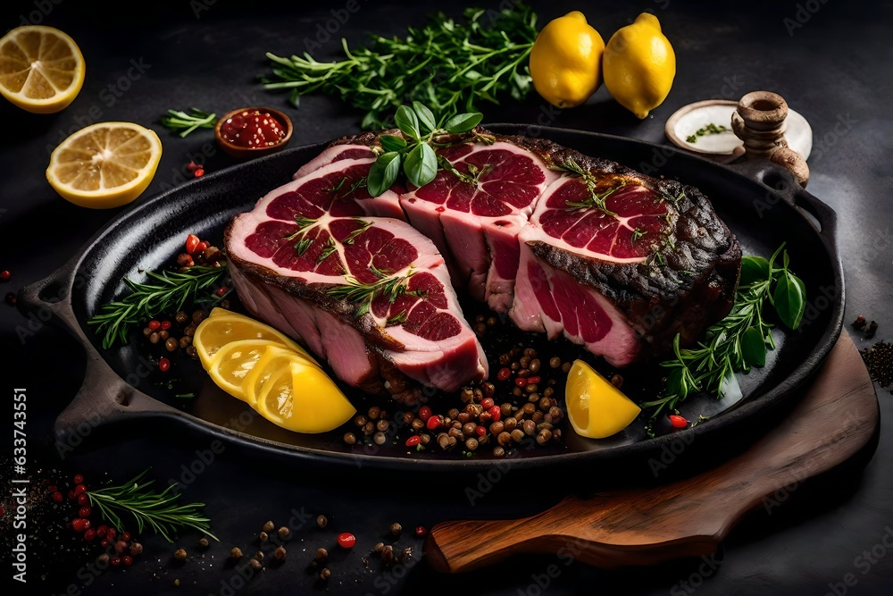 Surreal piece of lamb steak on a table with lemon and pepper