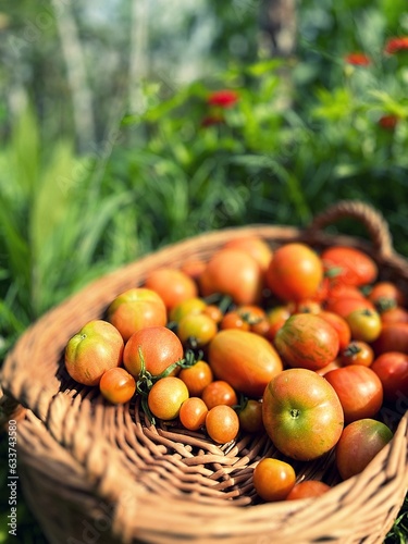 Fototapeta Naklejka Na Ścianę i Meble -  fresh tomatoes, harvested tomatoes in a basket, summer harvest, tomatoes of various sizes, small tomatoes, harvest from the garden
