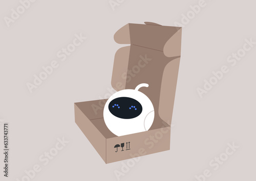 A cute robot unpacking, a cardboard box with a delivery label