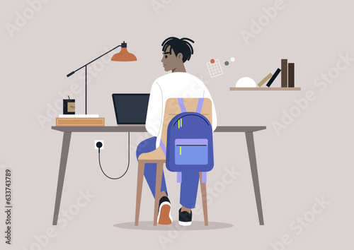 A young character diligently using their computer at a desk, viewed from behind