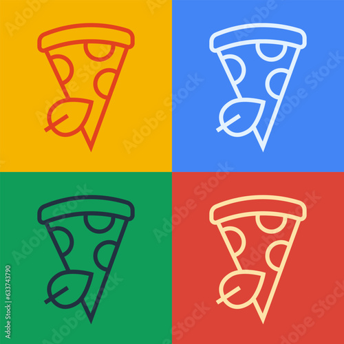 Pop art line Vegan pizza slice icon isolated on color background. Vector