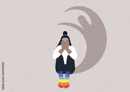 A young character shielding their face with hands, caught in a distressing situation involving discrimination based on sexual orientation, overwhelming pressure, and struggles with intense unease