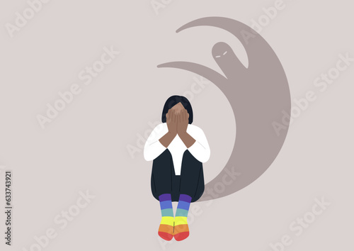 A young character shielding their face with hands, caught in a distressing situation involving discrimination based on sexual orientation, overwhelming pressure, and struggles with intense unease
