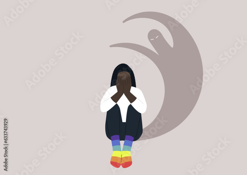 A young character shielding their face with hands, caught in a distressing situation involving discrimination based on sexual orientation, overwhelming pressure, and struggles with intense unease