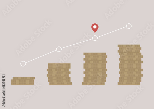 A money savings growth diagram, stacks of coins rising in time and a goal to achieve