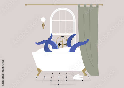 A giant octopus taking a relaxing bath with soap foam, a claw foot vintage tub behind the curtain