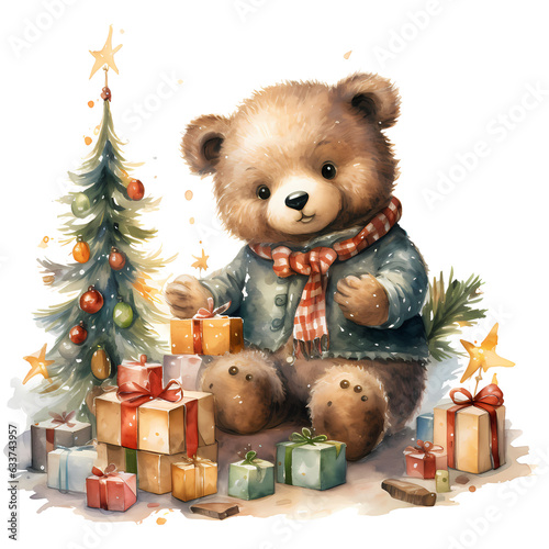 Cute teddy bear in a Santa Claus hat with a gift and a Christmas tree AI Generative © Thararat
