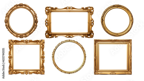 Gold frame for a picture in a classic baroque style on a white blank background.	