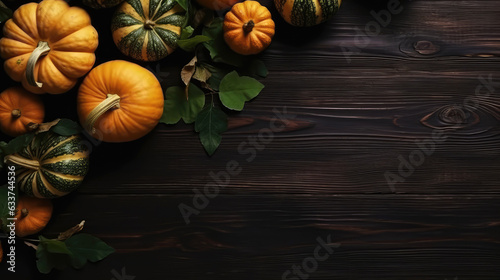 Pumpkins and autumn leaves on dark wood background top view angle, copy space. Generative AI