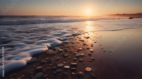sunset on the beach with stones similar to coins generative art