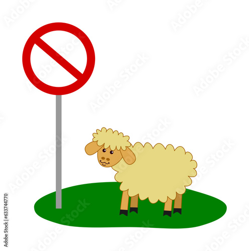 Young sheep in green meadow with prohibition sign on white background - vector