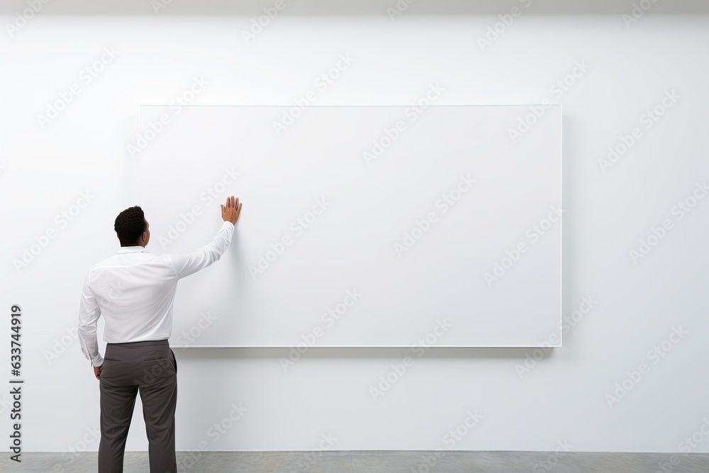 View from the back of a businessman man stands at a white blank board on a white wall. View from the back of a businessman man stands at a white blank board on a white wall.