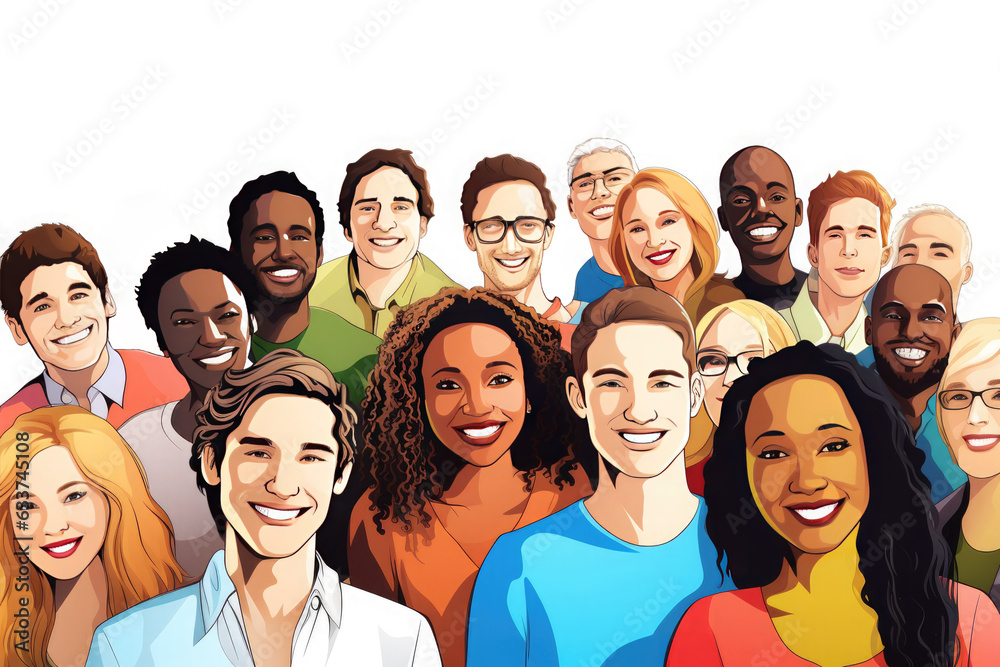 Selfie illustration of a multi-ethnic group of people of different genders on a white background. Selfie illustration of a multi-ethnic group of people of different genders on a white background.