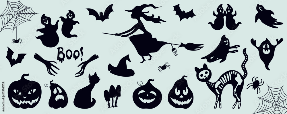 Halloween silhouettes. Witch, pumpkin, black cat. Halloween Party. Sticker spider, ghosts, bats. Vector icons.