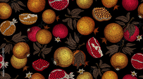 Pomegranate pattern. Pomegranate plant branch with fruits. Vintage Pomegranates illustration. Hand drawn ink style fruit background. Pomegranate tree, ripe fruit. Rosh hashanah print. Textile, fabric 