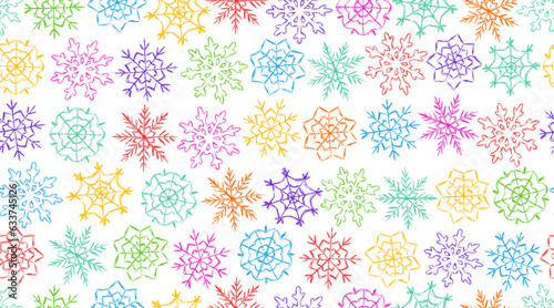 Chalk snowflakes pattern.Children drawing crayon style snowflake print.Hand drawn wax crayons art on red backdrop.New year and Merry Christmas snowflakes.Color pastel crayons freehand drawn snowflake
