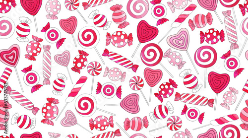 Candy cane pattern. Valentine's day background. Many types christmas treats on black background. Valentines day lollipop. Striped candies on white backdrop. Tasty, hand drawn delicious holiday print.