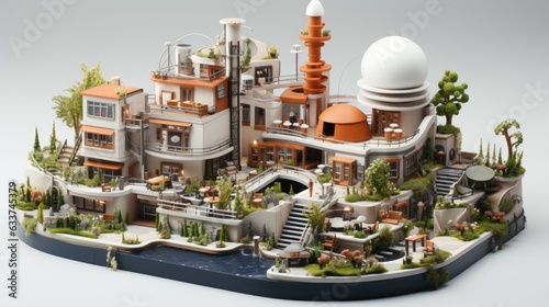 A miniature model of a futuristic city with a tower. Generative AI image.