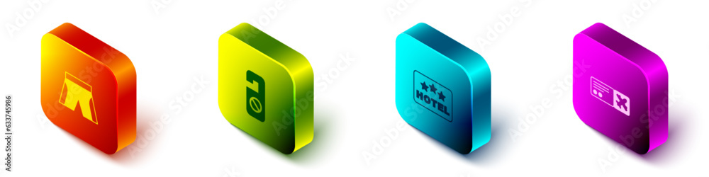 Set Isometric Short or pants, Please do not disturb, Signboard with text Hotel and Airline ticket icon. Vector Set Isometric Short or pants, Please do not disturb, Signboard with text Hotel and Airline ticket icon. Vector
