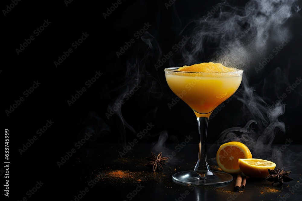 Yellow citrus cocktail in a margarita glass with lemon and spices on a black background. Halloween autumn theme.