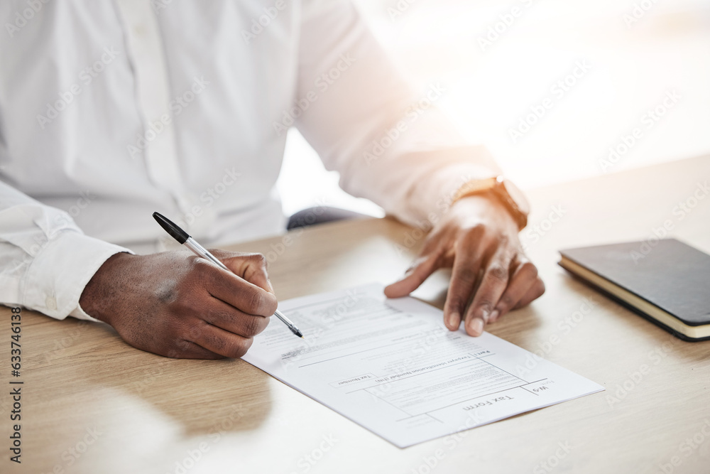Closeup, business and man with a document, writing and insurance with a pen, planning and form. Zoom, person and professional with paperwork, contract or investment with a report, signing and hands Closeup, business and man with a document, writing and insurance with a pen, planning and form. Zoom, person and professional with paperwork, contract or investment with a report, signing and hands