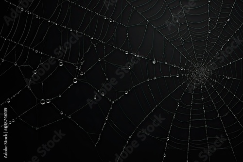 Spider web with water drops on a black background.
